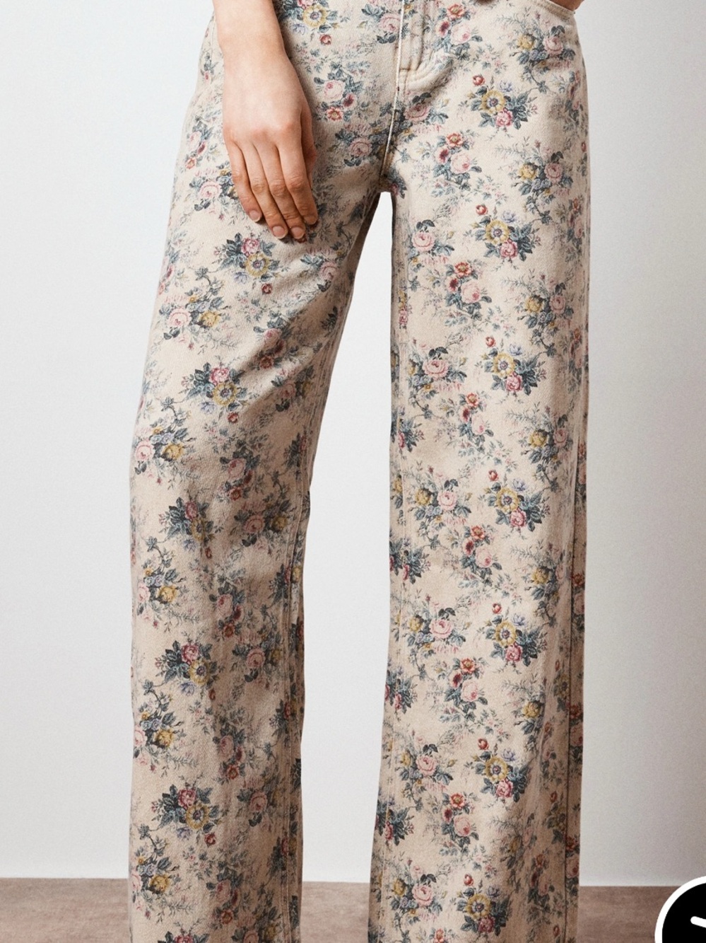 Nasty Gal Floral Wide-Leg Pants in Beige with Pink & Blue Accents